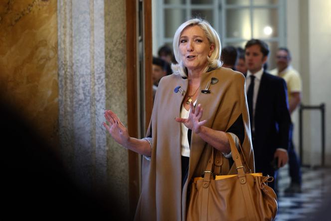 La présidente du groupe RN à l’Assemblée nationale, Marine Le Pen, au Palais Bourbon, le 20 mai 2025.