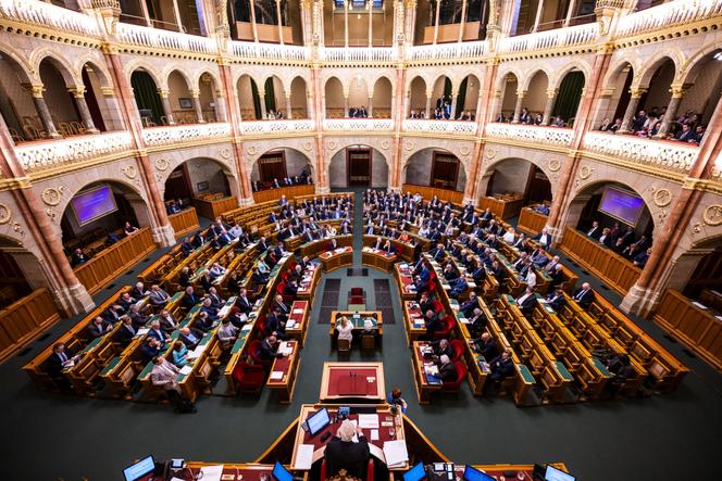 Lors du vote sur le retrait de la Hongrie de la Cour pénale internationale, au Parlement hongrois, à Budapest, le 20 mai 2025.