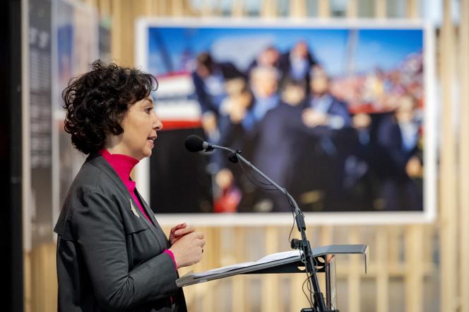 La directrice générale du World Press Photo, Joumana El Zein Khoury, lors de l’annonce du lauréat du prix World Press Photo 2025, à la Nieuwe Kerk d’Amsterdam, le 17 avril 2025.