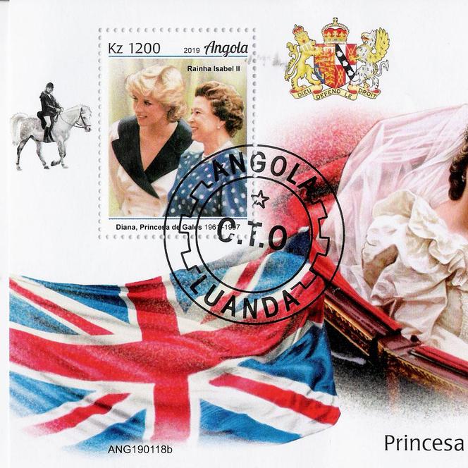 Diana, princesse de Galles. Bloc-feuillet émis par Angola en 2019.