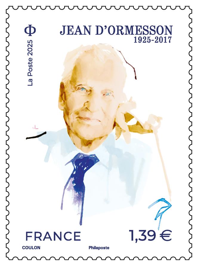 « Jean d’Ormesson 1925-2017 », Timbre créé par Marc-Antoine Coulon d’après photo. Héliogravure. Tirage : 630 000.