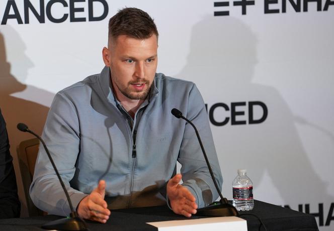 Athlete and swimmer Andriy Govorov speaks to members of the press about joining the Enhanced Games roster, in Las Vegas, Nevada, US, May 21, 2025.