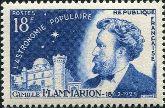« Camille Flammarion », timbre paru en 1956, dessiné et gravé par Raoul Serres et tiré à 2,3 millions d’exemplaires.