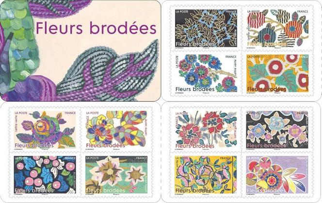 « Fleurs brodées », carnet de 12 timbres, création de Gérard Lo Monaco, mise en page Alice Amoroso. Héliogravure. Tirage : : 3 719 000 exemplaires.