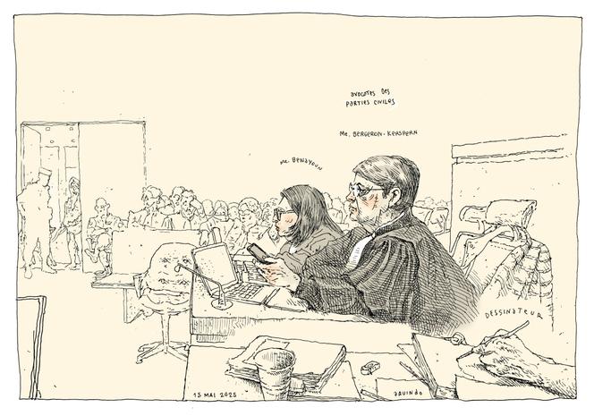Les avocats des parties civiles, Mᵉ Benayoun et Mᵉ Bergeron Kerspen, devant la cour criminelle du Morbihan, à Vannes, le 15 mai 2025.