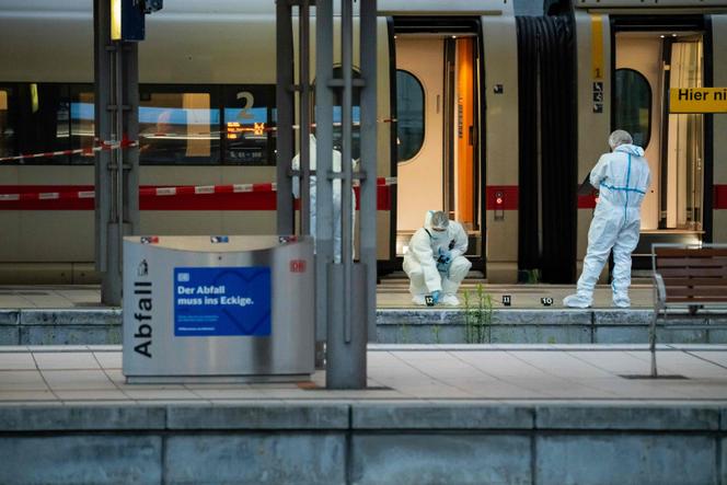 Des agents de la police scientifique enquêtent à la gare centrale de Hambourg (Allemagne), le 23 mai 2025.