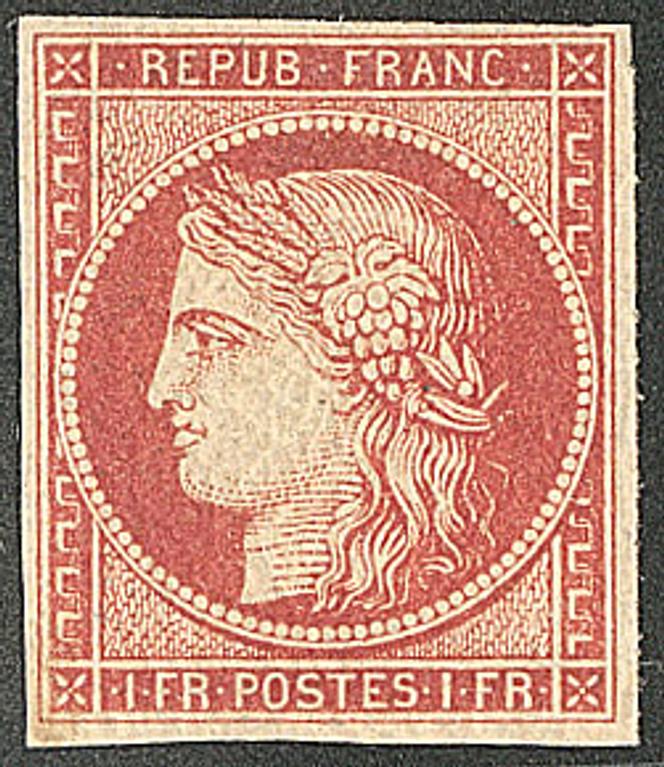 1 franc vermillon vif neuf, 70 000 euros.