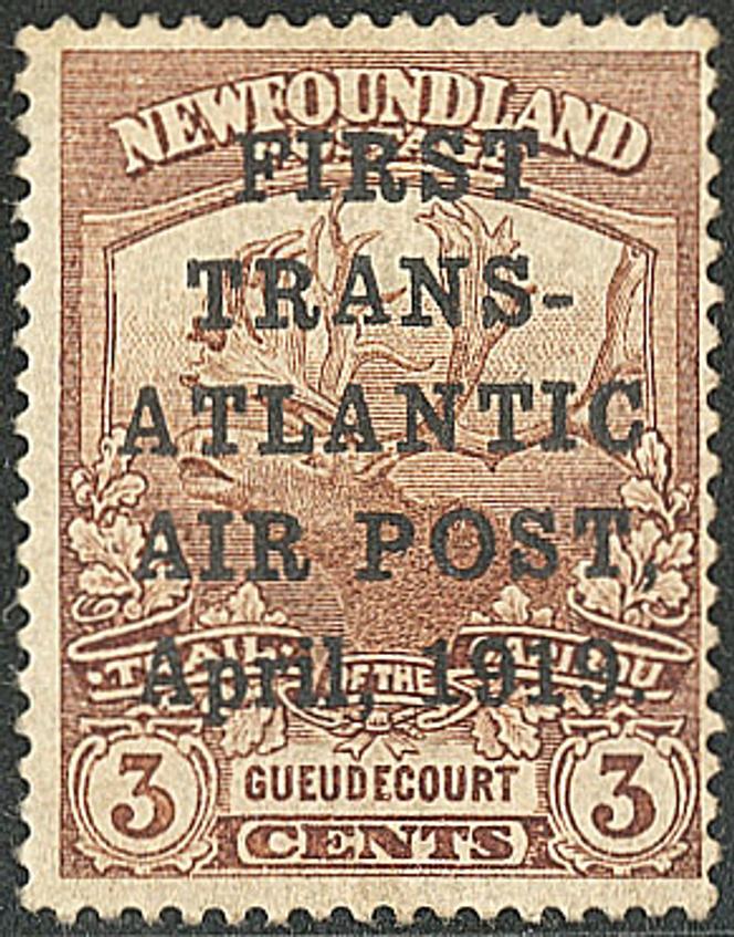 Terre-Neuve, timbre de poste aérienne, timbre de 1919 (« Trail of the Caribou ») surchargé sur cinq lignes « FIRST TRANS-ATLANTIC AIR POST April, 1919. », 20 000 euros