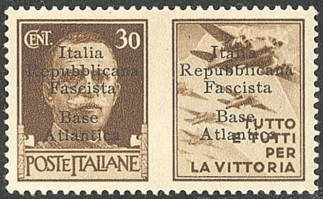 Timbre et vignette attenante de la base navale atlantique italienne de Bordeaux (1943-1944), 12 000 euros.