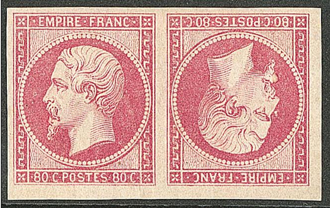 « Empire » non dentelé, paire tête-bêche du 80 centimes rose, 40 000 euros.