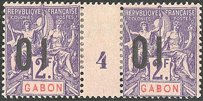 Gabon, type « Paix et commerce », paire du 2 francs mauve surchargé « 01 » au lieu de « 10 » (surcharge renversée), millésime « 4 », 6 000 euros.