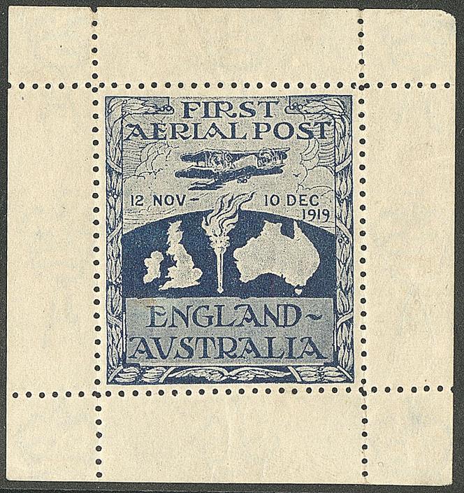 Australie, bloc-feuillet « First Aerial Post England-Australia » 1919, Londres-Melbourne, 10 000 euros.