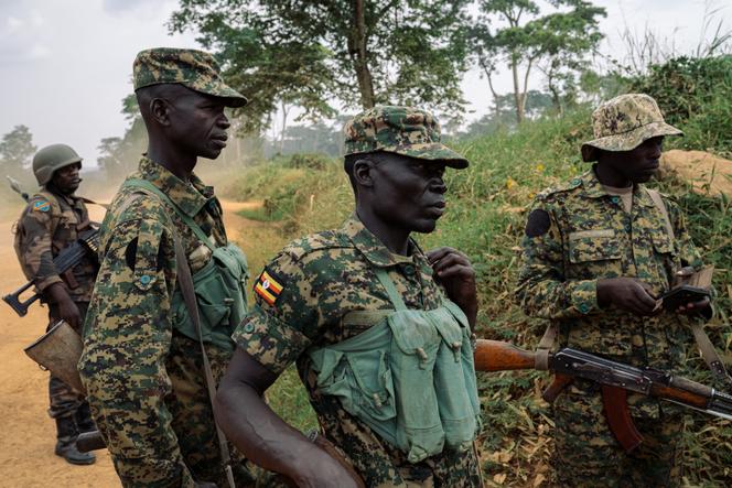 Des soldats des Forces de défense du peuple ougandais (UPDF), participant à l’opération conjointe avec l’armée congolaise, se tiennent le long d’une route entre Bulongo et Beni, au Nord-Kivu, à l’est de la République démocratique du Congo, le 17 décembre 2024.