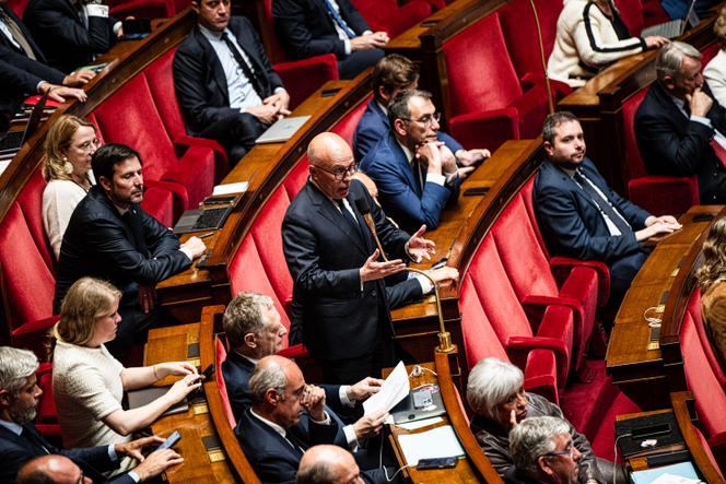 Le président du groupe Union des droites pour la République (UDR), Eric Ciotti, prend la parole lors de la séance des questions au gouvernement, à l’Assemblée nationale, à Paris, le 27 mai 2025.