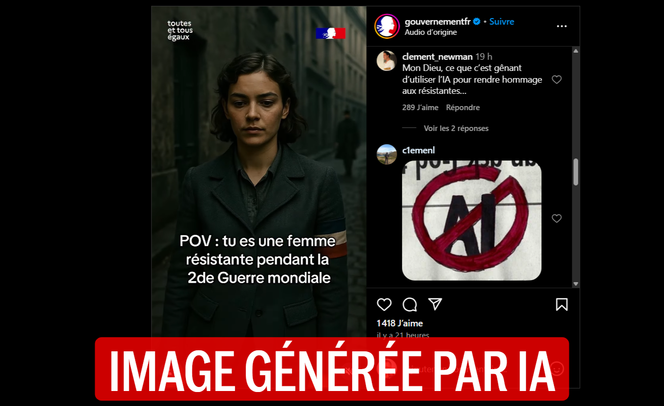 Capture d’écran du post Instagram de la vidéo du gouvernement, générée par IA, diffusée à l’occasion de la Journée de la résistance du 27 mai 2025. Elle a été dépubliée en raison d’une erreur historique dans la vidéo.