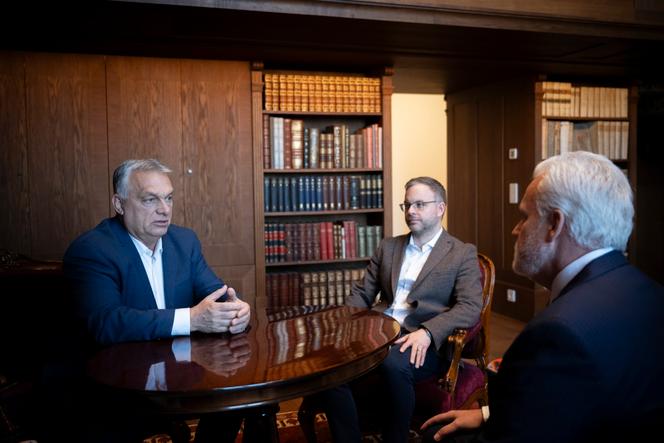 Viktor Orban, premier ministre hongrois, avec Matt Schlapp, président de l’Union conservatrice américaine en présence de Balazs Orban, conseiller politique du premier ministre hongrois au siège du gouvernement à Budapest, en Hongrie, le 31 janvier 2025.