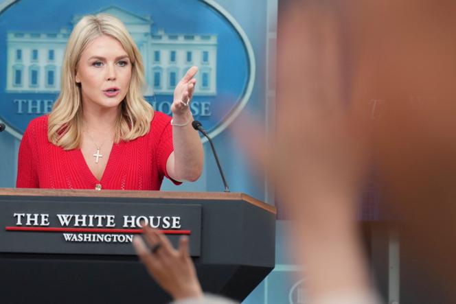 La porte-parole de la Maison Blanche, Karoline Leavitt, lors d’un point presse, à la Maison Blanche, à Washington, le 29 mai 2025.