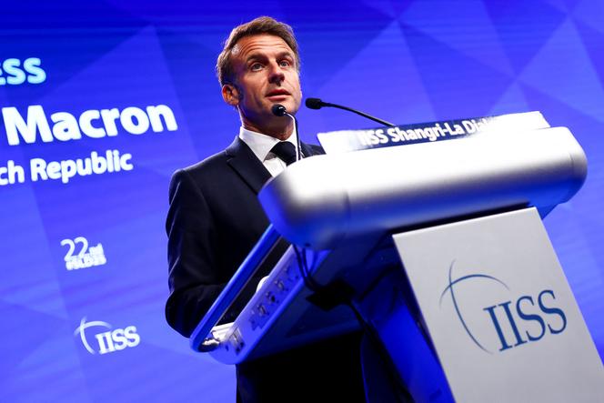 Le président de la République, Emmanuel Macron, s’exprime au Dialogue du Shangri-La, à Singapour, le 30 mai 2025.