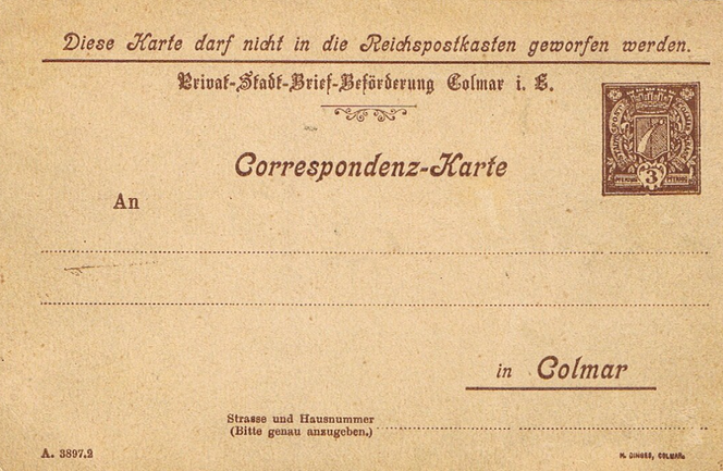 Entier posta de la poste privée de Colmar.