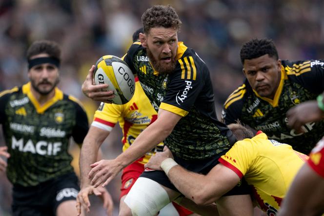 Tawera Kerr-Barlow during Stade Rochelais' victory against Perpignan, Saturday May 31, 2025, at the Marcel-Deflandre stadium, in La Rochelle.