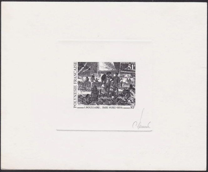 « Pahi Nuku-Hiva », oeuvre de Jacques Boullaire, épreuve d’artiste gravée par Claude Jumelet d’un timbre émis par la Polynésie française en 1993.