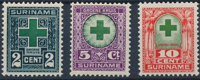 Surinam : premiers timbres au profit de la Croix-Rouge (ici verte !), en 1927.