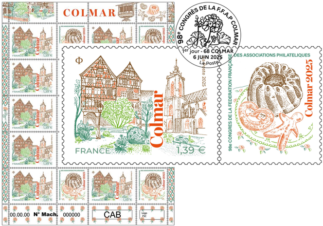 « Colmar ». Timbre à 1,39 euro et vignette sans valeur dessinés par Sandrine Chimbaud et gravés par André Lavergne. Impression en taille-douce. Tirage : 702 000. Vente générale le mardi 10 juin. Vente anticipée au Parc des Expositions de Colmar, du vendredi 6 au dimanche 8 juin de 10 heures à 18 heures ; et le lundi 9 juin, de 10 heures à 16 heures. André Lavergne animera une séance de dédicaces le vendredi 6 juin.