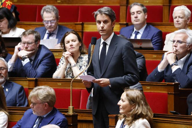 Gabriel Attal, président du groupe parlementaire Ensemble pour la République, a présenté un texte visant à élever Alfred Dreyfus au grade de général de brigade. A l’Assemblée nationale, à Paris, le 29 avril 2025.