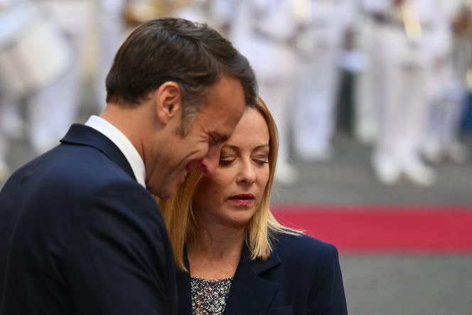 Emmanuel Macron, président français et Giorgia Meloni, première ministre italienne lors de leur rencontre au palais Chigi à Rome, le 3 juin 2025. 