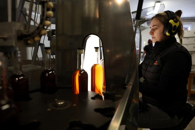 Sur la chaîne d’embouteillage du producteur de cognac Château de Montifaud à Jarnac-Champagne (Charente-Maritime), le 20 mars 2025.