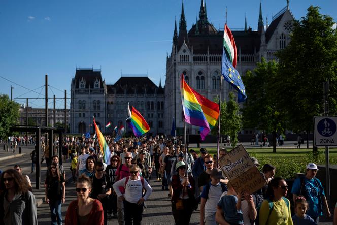 Demonstração em Budapeste contra a decisão de proibir os eventos Orgulho e LGBT em 1 de maio de 2025.