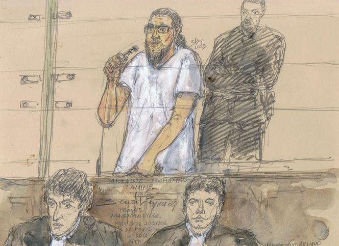Un croquis d’audience réalisé le 25 septembre 2023 montre Mohamed Lamine Aberouz, au deuxième jour du procès de l’attentat de Magnanville, au palais de justice de Paris.