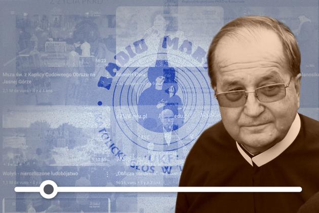 Photomontage. Le prêtre Tadeusz Rydzyk, président de « Radio Maryja » et de la chaîne de télévision « Trwam », à Varsovie, en Pologne, le 29 septembre 2012.