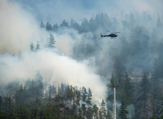 Un hélicoptère intervient sur le feu de forêt de Dryden Creek, au nord de Squamish, en Colombie-Britannique, le mardi 10 juin 2025. 