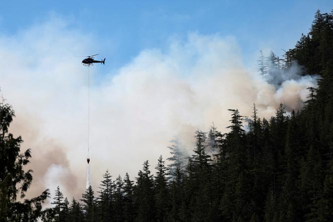 Um helicóptero solta água em um incêndio florestal em Squamish, British Columbia, Canadá, 9 de junho de 2025.