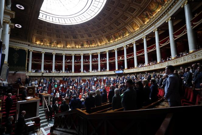 L’Assemblée nationale, lors d’une minute de silence en hommage à la surveillante de collège tuée par un élève à Nogent (Haute-Marne) et aux deux pompiers volontaires morts dans un incendie à Laon, le 10 juin 2025.