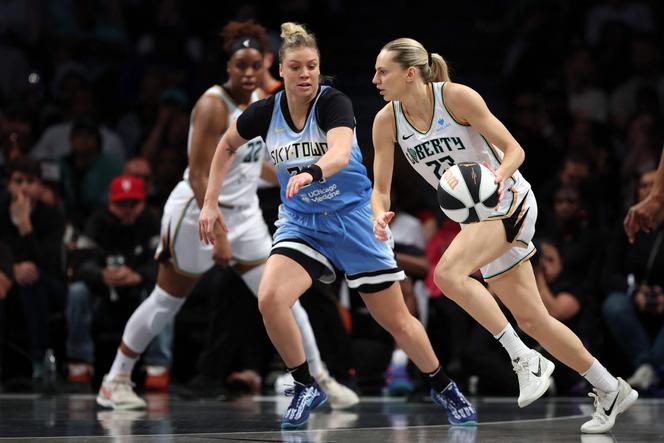 France's Marine Johannès (right), a player for the New York Liberty, during a game against the Chicago Sky at the Barclays Center in New York, United States, June 10, 2025.