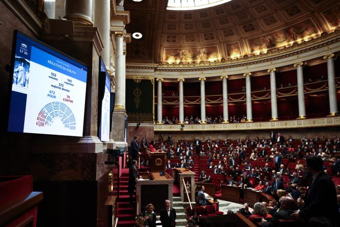 Un écran affiche le résultat du vote solennel du projet de loi sur le narcotrafic, adopté par le Sénat, à l’Assemblée nationale, à Paris, le 1ᵉʳ avril 2025.