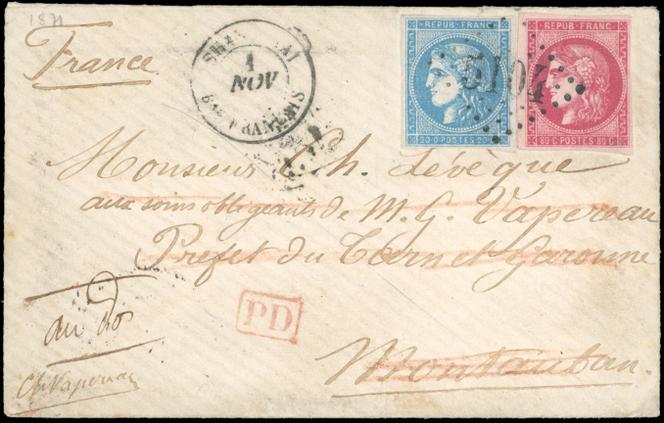 Lettre partie du bureau de poste français de Shanghaï le 1er novembre 1871, à destination de Charles Lévêque, à Montauban, « aux bons soins de M. G. Vapereau, préfet du Tarn-et-Garonne » : 2 800 euros.