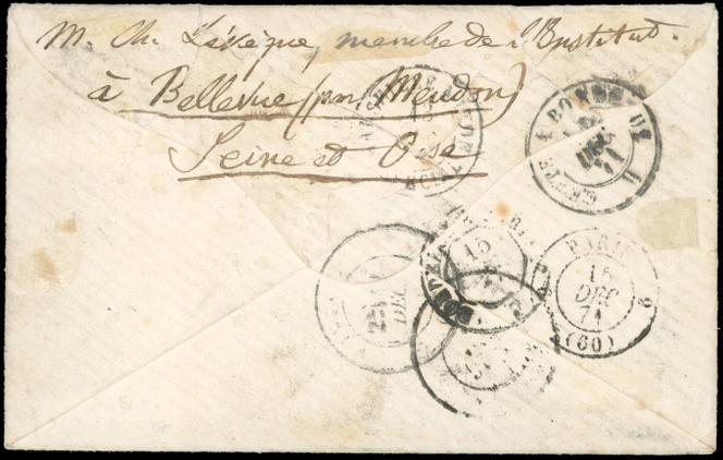 Verso de la lettre partie du bureau de poste français de Shanghaï le 1er novembre 1871, pour Montauban, au verso quelques cachets, dont Bordeaux, du 15 décembre 1871 : 2 800 euros.