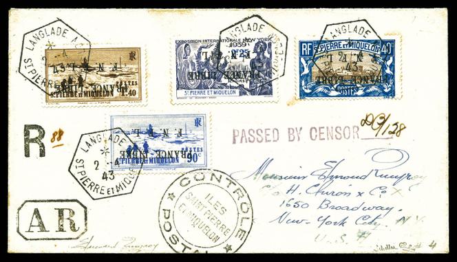 Saint-Pierre-et-Miquelon, lettre recommandée du 2 avril 1943 de Langlade pour les Etats-Unis, avec quatre timbres avec variété de surcharge renversée « FRANCE LIBRE/FNFL », mise à prix à 3 300 euros.