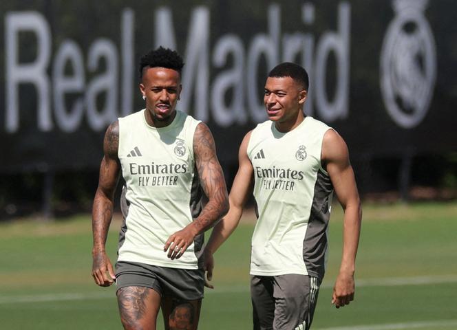 Real Madrid's Eder Militao and Kylian Mbappé during training on June 15 in Palm Beach Gardens, Florida.