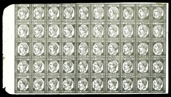Premier timbre-poste de Nouvelle-Calédonie : feuille de 50 exemplaires du 10 centimes gris-noir « Triquérat ». Mise à prix : 4 500 euros.