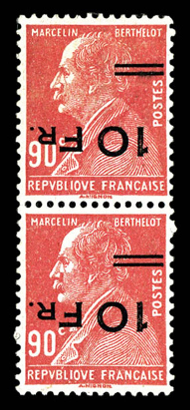Prix de départ de 68 000 euros pour cette paire du 10 francs surchargé sur 90 centimes rouge « Marcelin Berthelot », surcharge renversée, et normale tenant à espacée (utilisé pour le courrier transporté à bord du paquebot « Ile-de-France » en 1928).