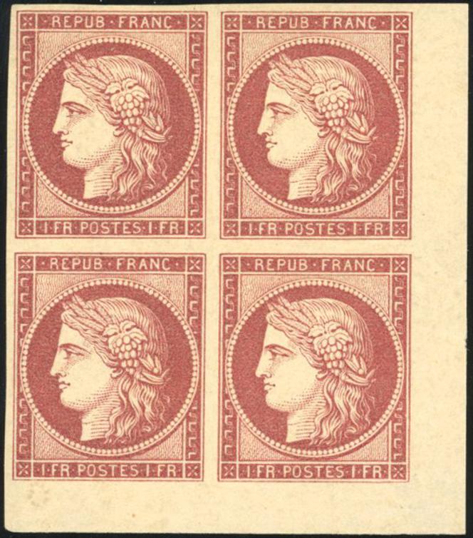 Bloc de quatre du 1 franc carmin, neuf, coin de feuille. Mise à prix : 110 000 euros.
