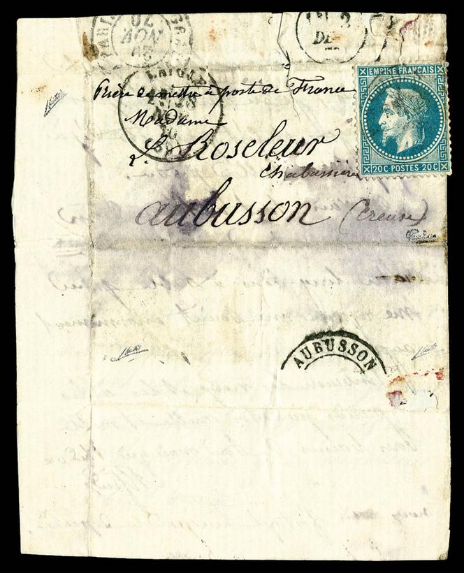 Guerre franco-prussienne de 1870-1871. Paris assiégée. Lettre transportée par ballon dit « des Gravilliers ». Mise à prix : 12 500 euros.