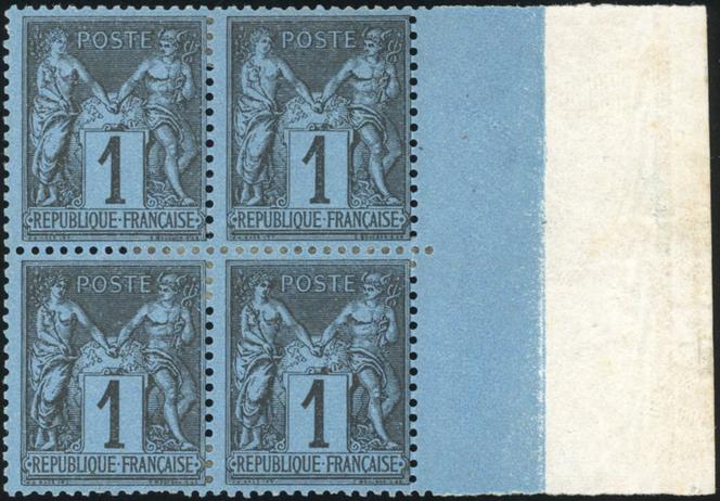 Bloc de quatre, état neuf, bord de feuille, du 1 centime noir sur bleu de Prusse au type « Groupe allégorique », à 110 000 euros.