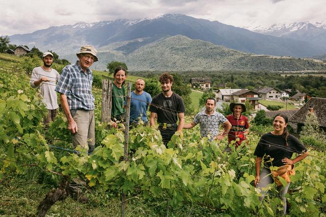 Philippe Grisard (à gauche) et sa fille Nadège (en tee-shirt vert), avec leurs ouvriers agricoles à Fréterive, en Savoie.