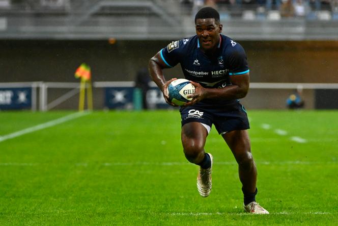 L’ailier montpelliérain Maël Moustin, lors d'un match du Top 14 opposant le Montpellier Hérault Rugby au RC Vannes, à Montpellier, le 12 octobre 2024.