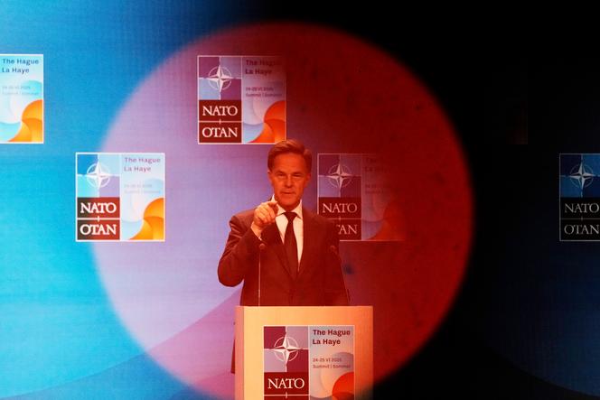 Le secrétaire général de l’OTAN, Mark Rutte, lors d’une conférence de presse à La Haye (Pays-Bas), le 23 juin 2025, avant le sommet de l’OTAN. 